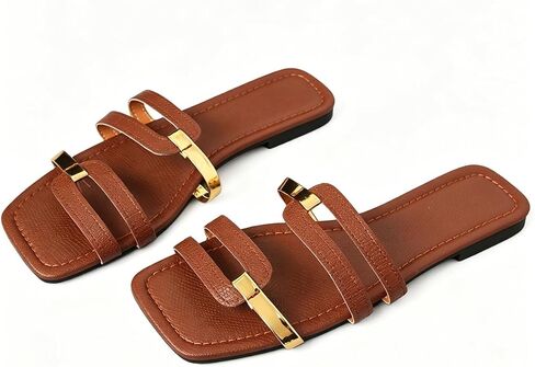 Womens Sandals Slip On Flat for Summer Comfortable Ladies Dressy Fashion Square Open Toe Slides Faux Leather Casual Shoes with Meta in Kuwait