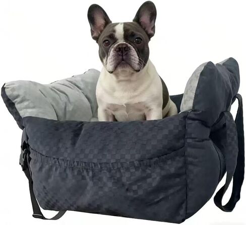 Dog Car Seat Bed for Small & Medium Dogs, with Built-in Safety Belt, Anti-Anxiety Calming Sofa Bed, Portable & All-Season Soft Pet Car Bed with Bonus Squeaky Duck Toy (Black and White Checkered) in Kuwait