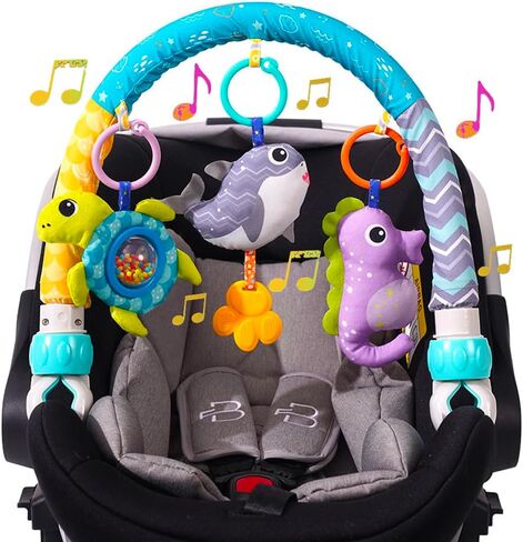 Baby Stroller Arch Toys 0-12 Months Adjustable Clip On Arch Mobile Toy Bar | Activity Car Seat Toy Bar for Baby Bouncer Infants Crib Mobile Toys with Rattle Turtle Music Whale Sea Horse in Kuwait