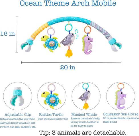Baby Stroller Arch Toys 0-12 Months Adjustable Clip On Arch Mobile Toy Bar | Activity Car Seat Toy Bar for Baby Bouncer Infants Crib Mobile Toys with Rattle Turtle Music Whale Sea Horse in Kuwait