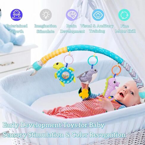Baby Stroller Arch Toys 0-12 Months Adjustable Clip On Arch Mobile Toy Bar | Activity Car Seat Toy Bar for Baby Bouncer Infants Crib Mobile Toys with Rattle Turtle Music Whale Sea Horse in Kuwait
