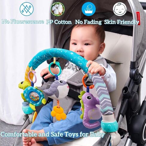 Baby Stroller Arch Toys 0-12 Months Adjustable Clip On Arch Mobile Toy Bar | Activity Car Seat Toy Bar for Baby Bouncer Infants Crib Mobile Toys with Rattle Turtle Music Whale Sea Horse in Kuwait
