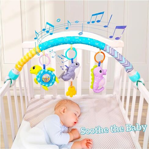 Baby Stroller Arch Toys 0-12 Months Adjustable Clip On Arch Mobile Toy Bar | Activity Car Seat Toy Bar for Baby Bouncer Infants Crib Mobile Toys with Rattle Turtle Music Whale Sea Horse in Kuwait