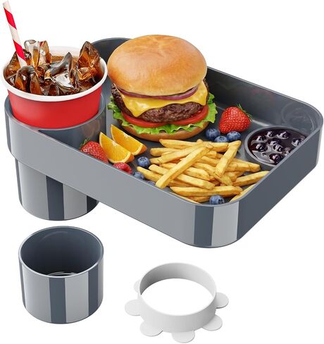 Square Car Seat Cup Holder Snack Tray for Kids, 1-Pack, Dark Gray | Built-in condiment dish, extra cup holder base and silicone ring, holds food, drinks and toys, helps reduce travel mess in Kuwait