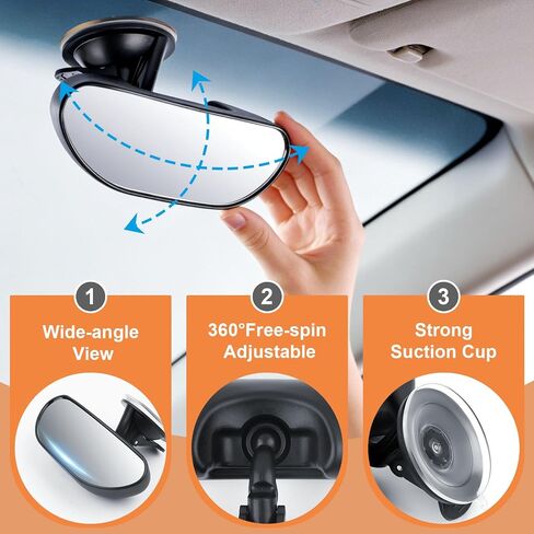 GES Rear View Mirror - 360 Degree Adjustable, Strengthen Suction Cup for Car - 5.9 x 2.2Inch - Black in Kuwait