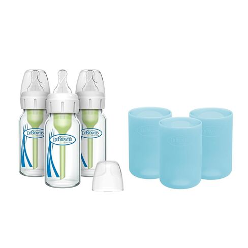 Dr. Brown's Anti-Colic Options+ Narrow Glass Baby Bottles 4 oz/120 mL, with Level 1 Slow Flow Nipple, 3 Pack 0m+ with Mint 100% Silicone Sleeves, BPA-Free in Kuwait