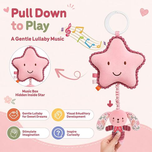 TSYAN Musical Star Stroller Toy with Hanging Bunny Plush | Pull the bunny to play soothing music. Soft pink sensory toy with C-clip for cribs, car seats, and strollers. in Kuwait
