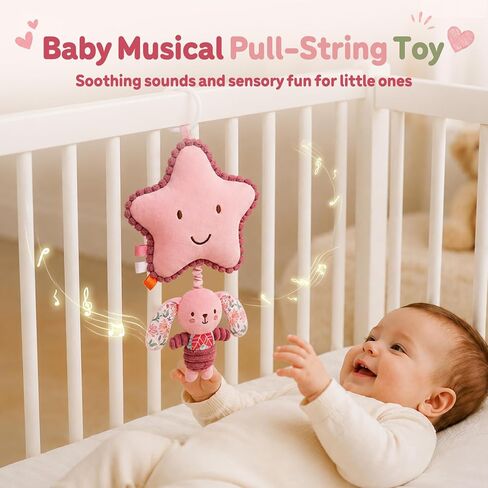 TSYAN Musical Star Stroller Toy with Hanging Bunny Plush | Pull the bunny to play soothing music. Soft pink sensory toy with C-clip for cribs, car seats, and strollers. in Kuwait