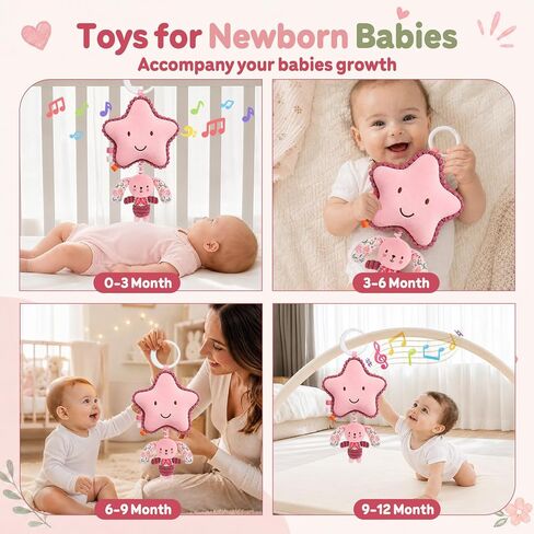 TSYAN Musical Star Stroller Toy with Hanging Bunny Plush | Pull the bunny to play soothing music. Soft pink sensory toy with C-clip for cribs, car seats, and strollers. in Kuwait