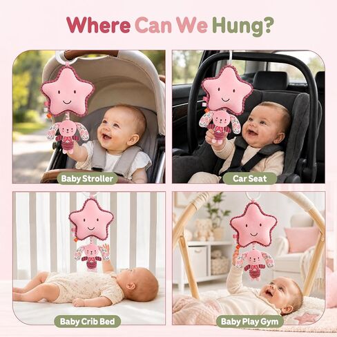 TSYAN Musical Star Stroller Toy with Hanging Bunny Plush | Pull the bunny to play soothing music. Soft pink sensory toy with C-clip for cribs, car seats, and strollers. in Kuwait