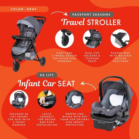 Baby Trend Passport Seasons Baby Stroller & EZ-Lift Car Seat, Journey Black | Adjustable Canopy, Storage Basket & Cup Holders, Lightweight & Foldable Travel System for Toddlers & Infants in Kuwait