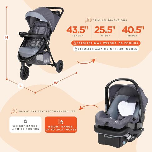 Baby Trend Passport Seasons Baby Stroller & EZ-Lift Car Seat, Journey Black | Adjustable Canopy, Storage Basket & Cup Holders, Lightweight & Foldable Travel System for Toddlers & Infants in Kuwait