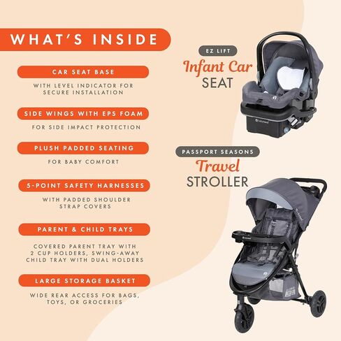 Baby Trend Passport Seasons Baby Stroller & EZ-Lift Car Seat, Journey Black | Adjustable Canopy, Storage Basket & Cup Holders, Lightweight & Foldable Travel System for Toddlers & Infants in Kuwait