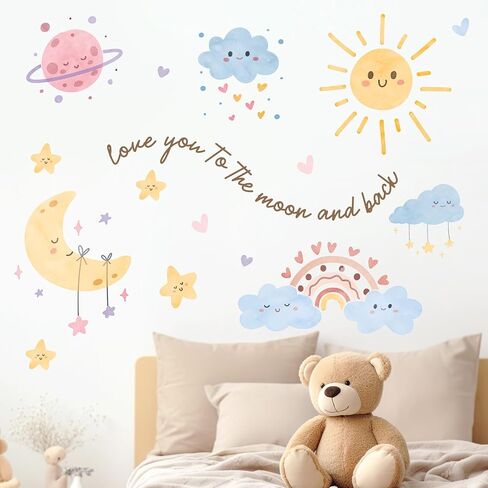 Mfault Watercolor Sun Rainbow Cloud Wall Decals Stickers | Love You to The Moon and Back Planet Stars Nursery Decorations Kids Bedroom Art, Heart Polka Dots Girls Boys Baby Toddler in Kuwait