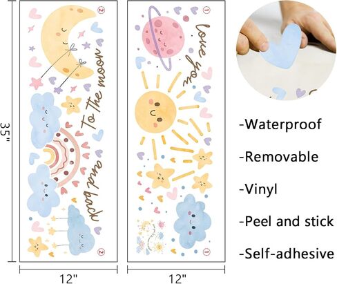 Mfault Watercolor Sun Rainbow Cloud Wall Decals Stickers | Love You to The Moon and Back Planet Stars Nursery Decorations Kids Bedroom Art, Heart Polka Dots Girls Boys Baby Toddler in Kuwait