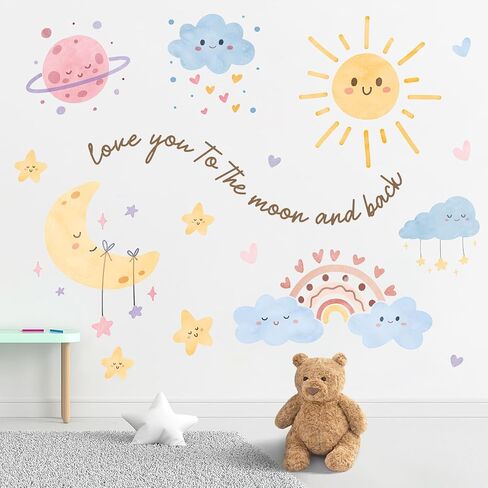 Mfault Watercolor Sun Rainbow Cloud Wall Decals Stickers | Love You to The Moon and Back Planet Stars Nursery Decorations Kids Bedroom Art, Heart Polka Dots Girls Boys Baby Toddler in Kuwait
