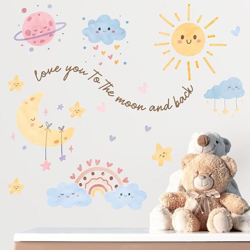 Mfault Watercolor Sun Rainbow Cloud Wall Decals Stickers | Love You to The Moon and Back Planet Stars Nursery Decorations Kids Bedroom Art, Heart Polka Dots Girls Boys Baby Toddler in Kuwait