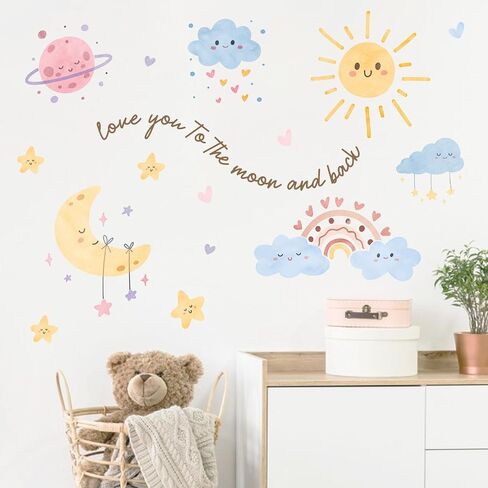 Mfault Watercolor Sun Rainbow Cloud Wall Decals Stickers | Love You to The Moon and Back Planet Stars Nursery Decorations Kids Bedroom Art, Heart Polka Dots Girls Boys Baby Toddler in Kuwait