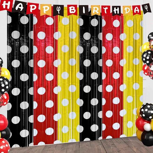 Cartoon Mouse Foil Fringe Curtains 2 Pack 3.2x6.6ft Party Backdrop | Red Black and Yellow Tinsel Streamers Backdrop Baby Shower Cartoon Mouse Color Birthday Party Decorations Favor Supplies in Kuwait