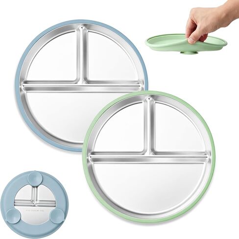 E-far Stainless Steel Toddler Suction Plates, 2 Pack for Baby | 3-Section Divided Kids Plates & Removable Silicone Suction Sleeves, Unbreakable Stainless Steel, Dishwasher Safe(Blue/Green) in Kuwait