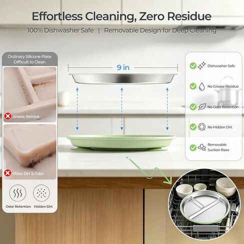 E-far Stainless Steel Toddler Suction Plates, 2 Pack for Baby | 3-Section Divided Kids Plates & Removable Silicone Suction Sleeves, Unbreakable Stainless Steel, Dishwasher Safe(Blue/Green) in Kuwait