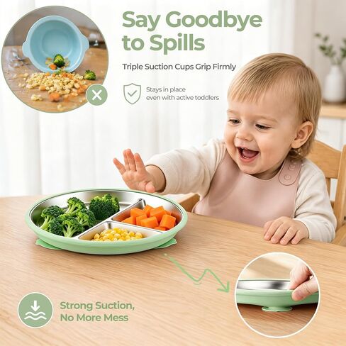 E-far Stainless Steel Toddler Suction Plates, 2 Pack for Baby | 3-Section Divided Kids Plates & Removable Silicone Suction Sleeves, Unbreakable Stainless Steel, Dishwasher Safe(Blue/Green) in Kuwait