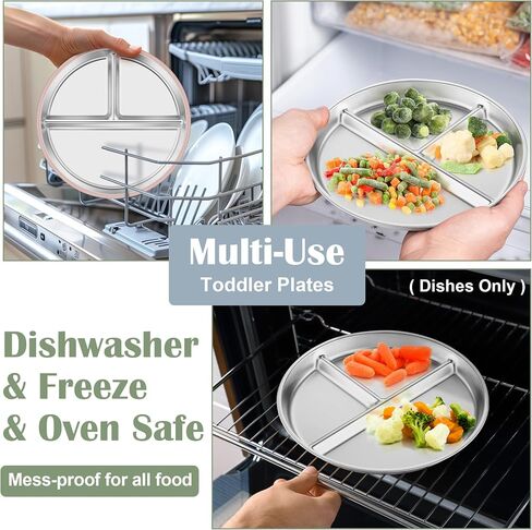 E-far Stainless Steel Toddler Suction Plates, 2 Pack for Baby | 3-Section Divided Kids Plates & Removable Silicone Suction Sleeves, Unbreakable Stainless Steel, Dishwasher Safe(Blue/Green) in Kuwait