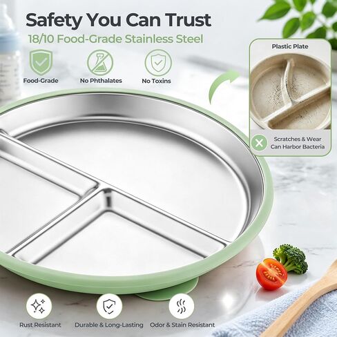 E-far Stainless Steel Toddler Suction Plates, 2 Pack for Baby | 3-Section Divided Kids Plates & Removable Silicone Suction Sleeves, Unbreakable Stainless Steel, Dishwasher Safe(Blue/Green) in Kuwait