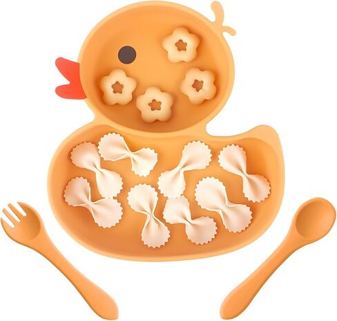 Baby Suction Plate, Silicone Toddler Plate for Kids Baby Weaning Plate Strong Suction Divided Dish with Fork Spoon, BPA Free (Orange) (Orange) in Kuwait