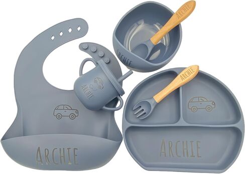 Personalized Name Food Grade 6pcs Baby Feeding Set with Spoon, Fork,Silicone Suction Bowls,Cup,Plate,and bib BPA Free - First Stage Self Feed (Color Muted Deep Pink Y19) in Kuwait