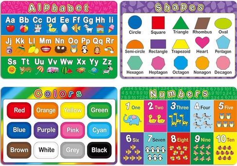 Patelai 4 Pcs Kids Placemats for Dining Table Educational Preschool Toddler Placemat,learning,non Slip,washable,reusable,plastic,for Nursery Home Kindergarten Classroom(Alphabet, Shape, Color, Number) in Kuwait