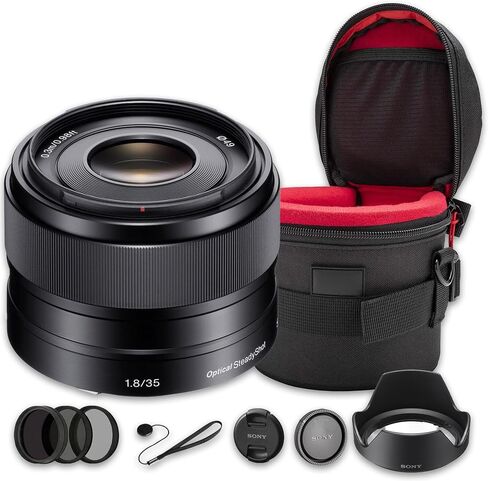 Sony E 35mm f/1.8 OSS Lens Bundle | APS-C Standard Prime with Fast f/1.8 Aperture, Optical SteadyShot Stabilization & Fast AF | For Portrait & Street Photos (SEL35F18) + Filter Kit + Case + Cap Keeper in Kuwait