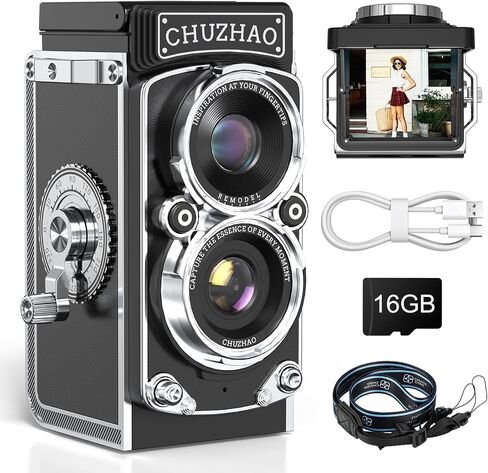 CHUZHAO Digital Camera Retro Portable Mini Vintage Camera Digital TLR Vintage Old Style Camera with 12MP Photos 1080P FHD Video Auto Focus - Black in Kuwait