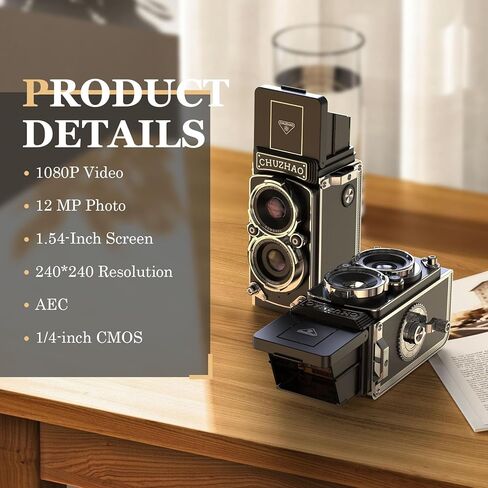 CHUZHAO Digital Camera Retro Portable Mini Vintage Camera Digital TLR Vintage Old Style Camera with 12MP Photos 1080P FHD Video Auto Focus - Black in Kuwait