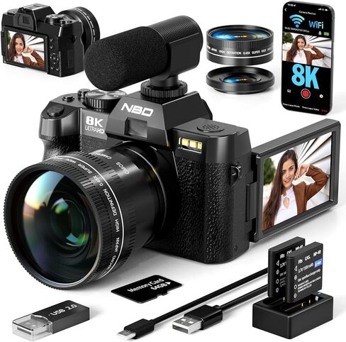 True 8K Digital Cameras for Photography 64MP - WiFi, Wide-Angle & Macro Lens, 16X Zoom Autofocus, 3" 180° Flip Screen, 64GB Card, Vlogging Camera for YouTube Travel(Black) in Kuwait