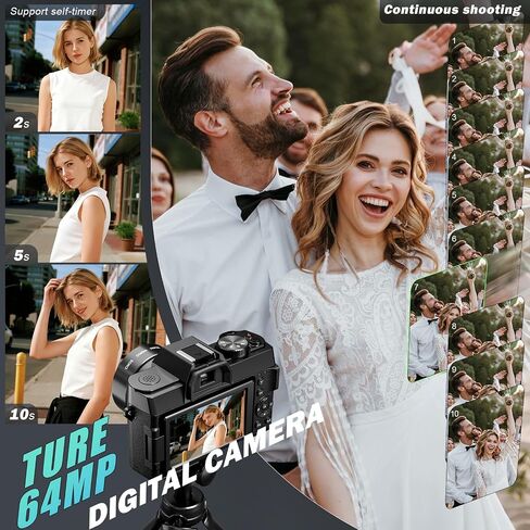 True 8K Digital Cameras for Photography 64MP - WiFi, Wide-Angle & Macro Lens, 16X Zoom Autofocus, 3" 180° Flip Screen, 64GB Card, Vlogging Camera for YouTube Travel(Black) in Kuwait
