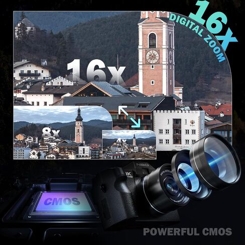 True 8K Digital Cameras for Photography 64MP - WiFi, Wide-Angle & Macro Lens, 16X Zoom Autofocus, 3" 180° Flip Screen, 64GB Card, Vlogging Camera for YouTube Travel(Black) in Kuwait