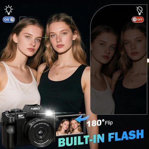 True 8K Digital Cameras for Photography 64MP - WiFi, Wide-Angle & Macro Lens, 16X Zoom Autofocus, 3" 180° Flip Screen, 64GB Card, Vlogging Camera for YouTube Travel(Black) in Kuwait