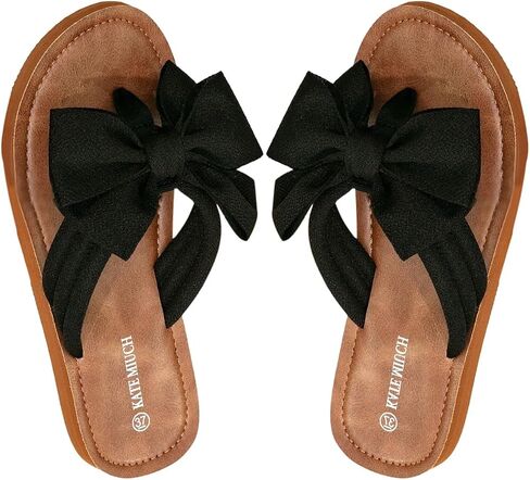 OYOANGLE Women's Bow Open Toe Slip on Dressy Sandals | Summer Beach Vacation Flat Sandals, Cute, Slides in Kuwait