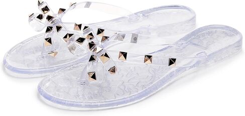 Women Flip Flops Studded Sandals Bow Jelly Shoes Thong Flat Rivets Slides Clear Jellies Pool Slippers Summer Beach Size 8 Ladies Non Slip Dress Comfortable Quick Drying Soft in Kuwait