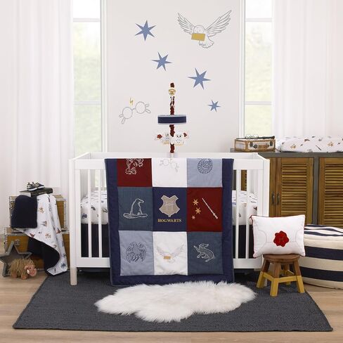 Warner Brothers Harry Potter Welcome Little Wizard Navy, Burgundy, Denim Blue and White, Appliqued 3 Piece Crib Bedding Set - Comforter, Fitted Crib Sheet, and Crib Skirt in Kuwait