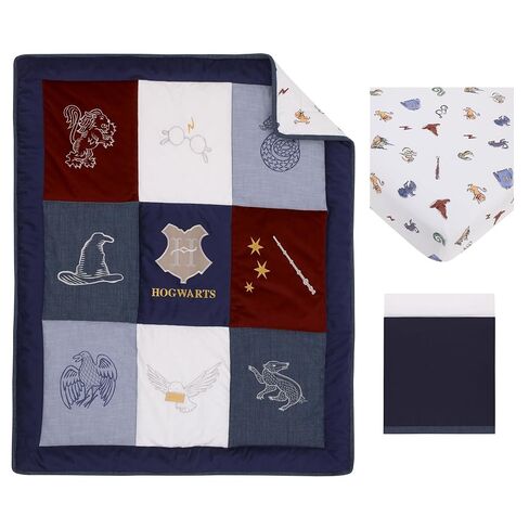 Warner Brothers Harry Potter Welcome Little Wizard Navy, Burgundy, Denim Blue and White, Appliqued 3 Piece Crib Bedding Set - Comforter, Fitted Crib Sheet, and Crib Skirt in Kuwait