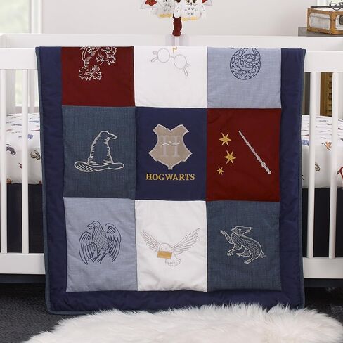 Warner Brothers Harry Potter Welcome Little Wizard Navy, Burgundy, Denim Blue and White, Appliqued 3 Piece Crib Bedding Set - Comforter, Fitted Crib Sheet, and Crib Skirt in Kuwait