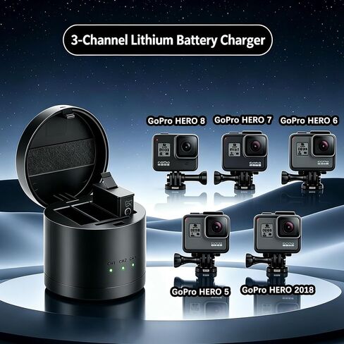Battery Charger for Gopro 8, GoPro Hero8, Hero7, Hero6, Hero5, Hero 2018 | compatible with Hero 5, Hero6, Hero 7, Hero 8 Hero 2018 battery, Three-port design, SD card slot, multiple charging methods in Kuwait