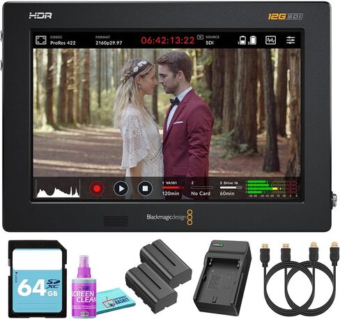 Blackmagic Design Video Assist 7 inch 12G-SDI/HDMI HDR Recording Monitor (HYPERD/AVIDA12/7HDR) + 64GB UHS-II Card + 2 x NPF-550 Battery + Cleaning Kit + Charger + 2 x HD Cable (8pc Bundle) in Kuwait