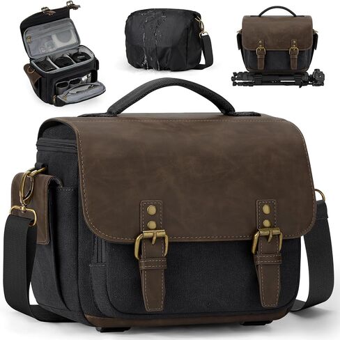 RAINSMORE Camera Bag, Vintage Canvas Camera Sling Bag Crossbody Camera Case | Water-resistant DSLR SLR Mirrorless Camera Bag for Photographer with Rain Cover & Tripod Holder for Sony Canon Nikon Fujifilm in Saudi Arabia
