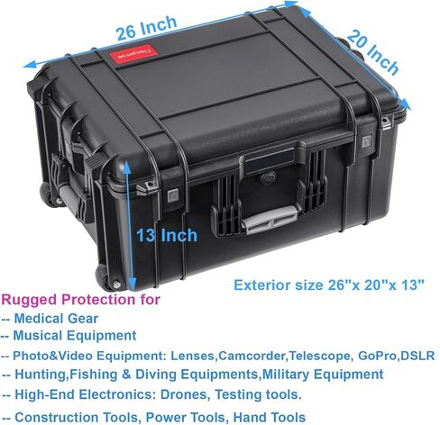 Regetek Rolling Hard Case with Foam,26 x 20 x 13 Inch, Equipment Case with Wheels and 4 Handles for camera, Drone,tool, electronics,Shockproof, Waterproof, TSA Friendly, Inner 22.64"X 16.73"X9.84" in Kuwait