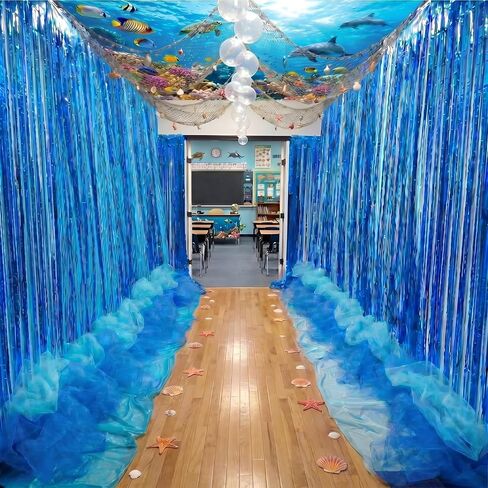 Moukeren 10 Pcs Under The Ocean Hanging Classroom Decorations Blue Foil Curtain Fringe Ocean Backdrop and Mesh Under The Sea Hanging Party Decor for Vbs 2026 Coastal Theme Party Photo Prop Background in Kuwait