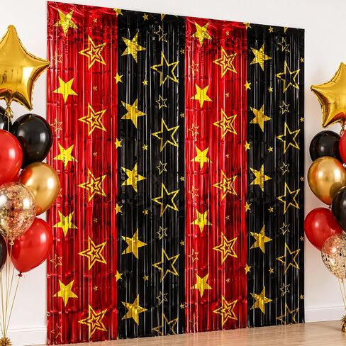 Movie Night Foil Fringe Curtains Backdrop Decorations, 2 Pack | 3.3 x 6.6 Ft Star Red and Black Movie Tinsel Streamers Backdrop for Movie Theater Hollywood Theme Party Decoration Supplies in Kuwait