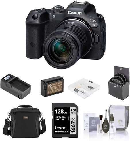 Canon EOS R7 Mirrorless Camera with RF-S 18-150mm f/3.5-6. Lens, Bundle w/Extra Battery, Smart Charger, 128GB Memory Card, Shoulder Bag, 55mm Filter Kit, Screen Protector & Cleaning in Kuwait